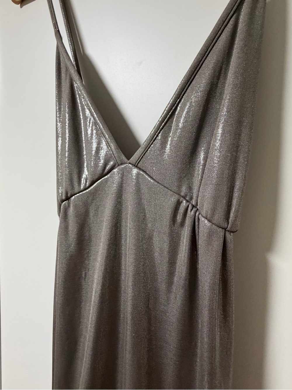 Metallic Silver Satin Slip Dress with Deep V-Neck
